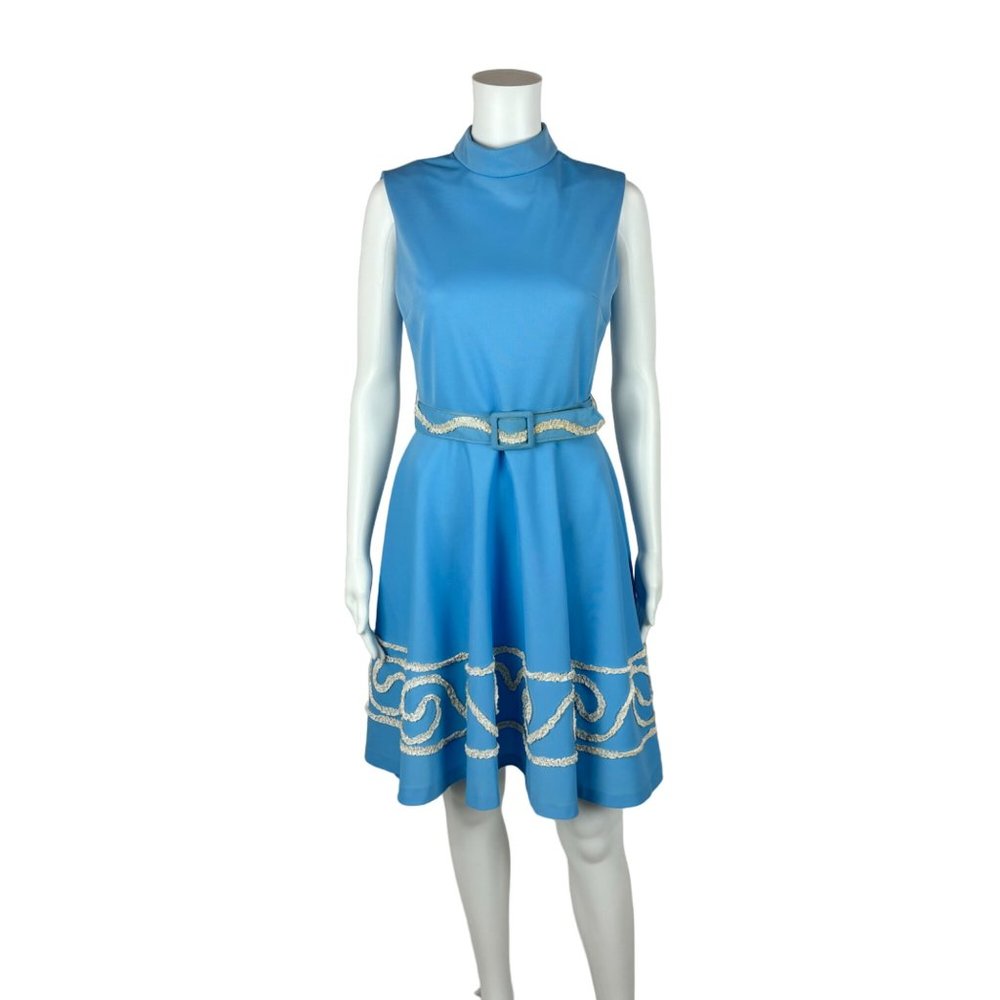 Vintage 60s Mini Dress Women's Small Blue Swirl Trim Mockneck Belted Mod